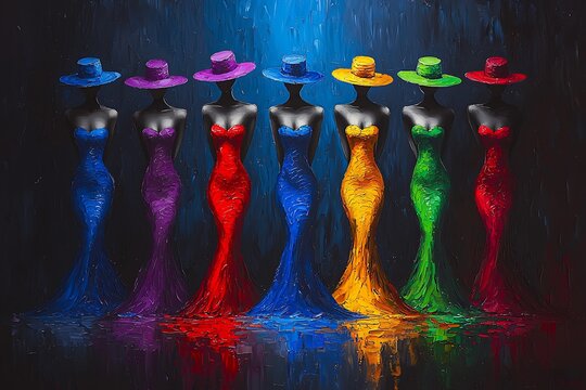 Seven Ladies in Colorful Gowns and Hats: A Vibrant Oil Painting