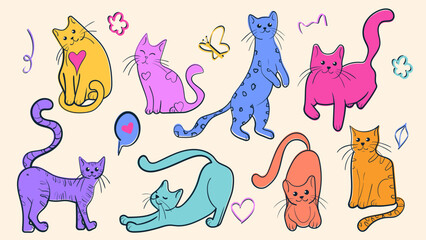 Fototapeta premium Cute cat doodle vector set. Adorable colorful cat in different poses. Hand drawn vector illustration.