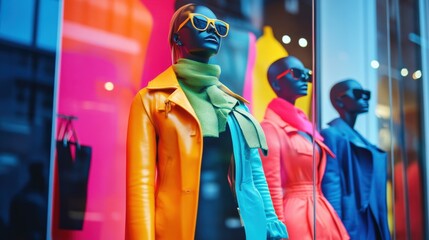 Obraz premium Colorful Dresses on Mannequins in Fashion Store Window Display with Vibrant Background Panels