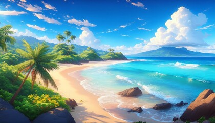 a colorful beautiful untouched place at a hawaiian beach anime manga artwork ai generated image