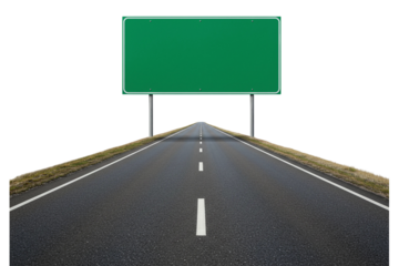 A long road leads into the distance, ending under a large empty green sign, isolated on transparent background 
