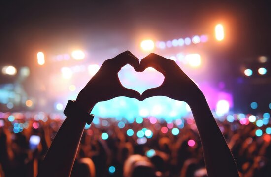 Hands Forming Heart Shape Against Vibrant Concert Atmosphere