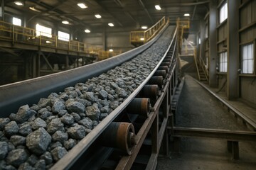 Conveyor belt transporting raw materials in an industrial facility during bright daylight hours Generative AI
