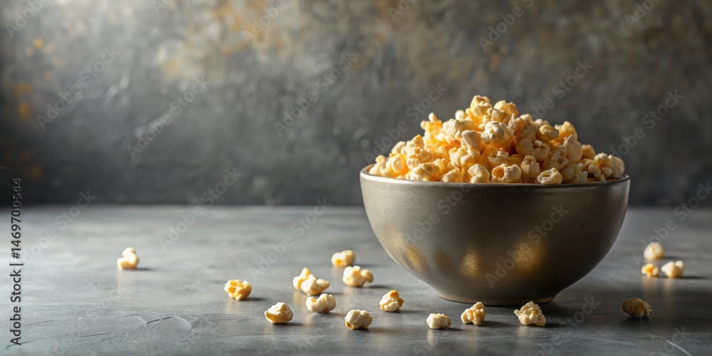 Poster a bowl of buttery popcorn on a dark surface with scattered kernels