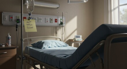 Hospital Room with Empty Bed and Get Well Soon Note