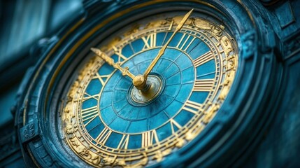 Obraz premium Ornate clock face, detailed close-up. Timepiece with Roman numerals and golden hands on a teal background, intricately designed