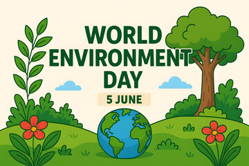 World Environment Day 5 June Illustration with Earth, Trees, and Flowers — Eco Nature Poster