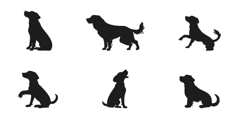 Fototapeta premium Dog Silhouettes In Various Poses Set. Canine Behavior And Training Illustrations Isolated Vector Collection