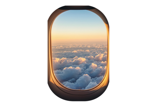 airplane window view, golden sunlight isolated on transparent background 