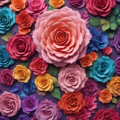 Naklejka premium Colorful paper rose wall, size gradient, floral design, bold roses, colorful backdrop
