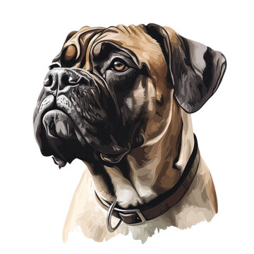 Loyal Companion: A portrait of a majestic, alert, Bullmastiff, showcasing the breed's powerful build, striking features, and gentle, intelligent gaze. 