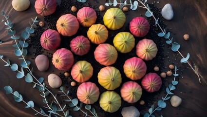 Arrangement of Colorful Ornamental Gourds with Eucalyptus and River Stones