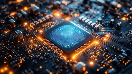 Macro view of a futuristic circuit board or microchip with glowing data streams and technological details in warm colors on a dark background. Suitable for technology, artificial intelligence themes