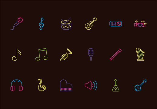 Neon Outline Musical Instruments Symbols Pictogram Icons Set