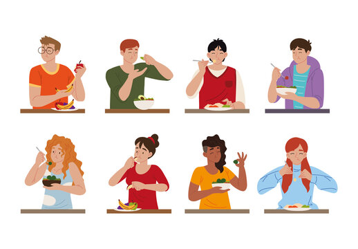 Colorful Healthy Food Character Eating Lifestyle Illustrations