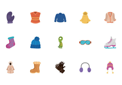 Colorful Clothing Cold Winter Accessories Garment Icons Set