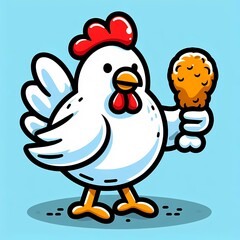 Humorous Cartoon Chicken Character Presenting Fried Chicken Piece on Light Blue