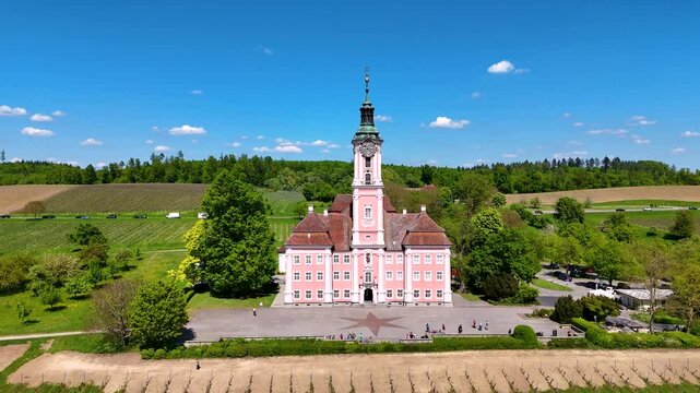 Aerial approaching to historic Birnau Cathedral (built in 1749) at Uhldingen-M&uuml;hlhofen in Baden-W&uuml;rttemberg, Germany