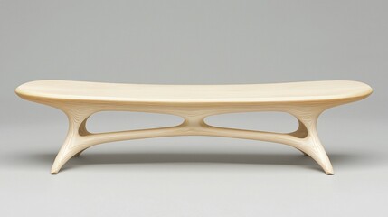 A light-colored wooden bench with a curved backrest and four legs.