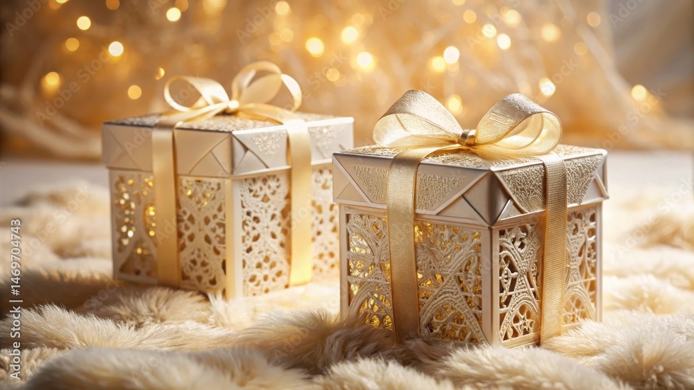 Poster elegant golden gift boxes with intricate designs rest on a soft, plush surface, illuminated by a war
