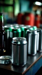 Relaxed beverage cans arranged on dark table
