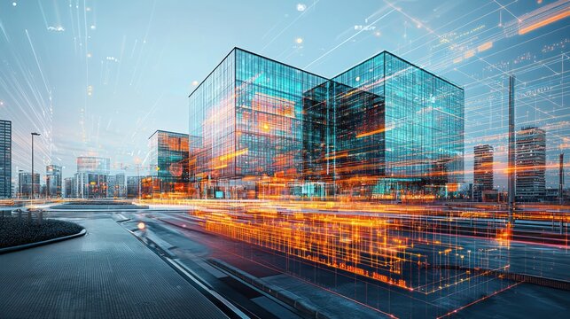 Modern city buildings with digital overlay