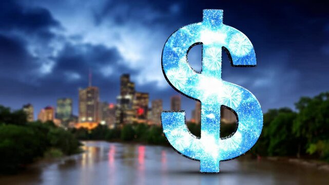 Glowing dollar sign with fireworks pattern over city skyline night scene currency symbol celebration