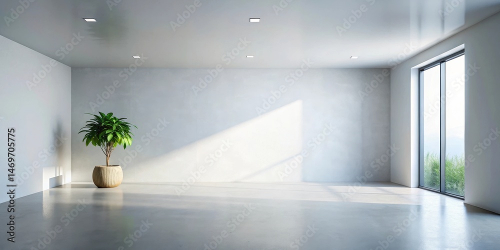 Poster empty room with sunlight streaming through a window and a potted plant
