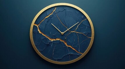 A clock with a blue face and gold hands.