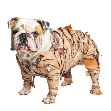 Dog Dressed as a Mummy: A charming bulldog, transformed into an endearing mummy, stands confidently, showcasing a playful blend of the spooky and the sweet.