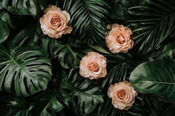 Peach Roses and Lush Tropical Foliage: A Stunning Floral Arrangement