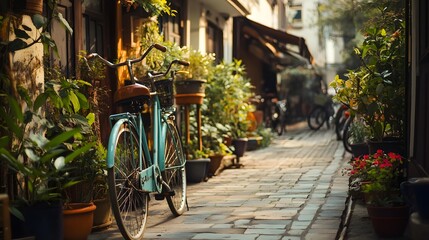 A walking street with vintage bicycles and potted plants