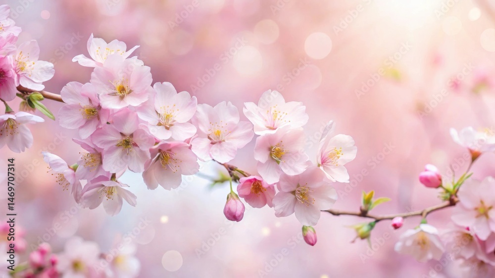Poster delicate pink blossoms on a branch, softly illuminated by gentle sunlight, creating a serene and pea