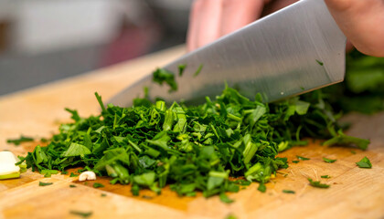 Chopping Fresh Green Herbs on Wooden Board