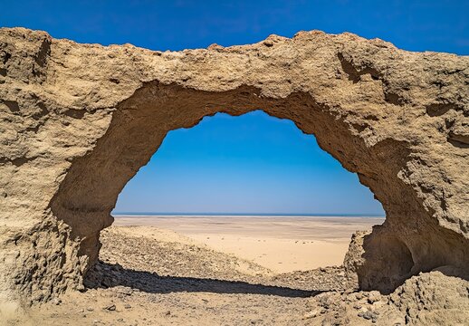 Large rock archway with a blue sky in the background. The archway is open and the sky is clear
