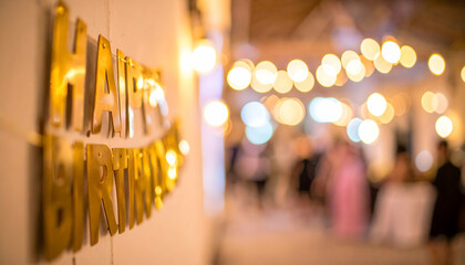 Gold Happy Birthday Banner at a Warmly Lit Party