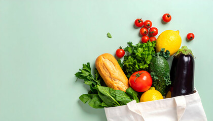 Fresh Produce in Reusable Bag on Green Background