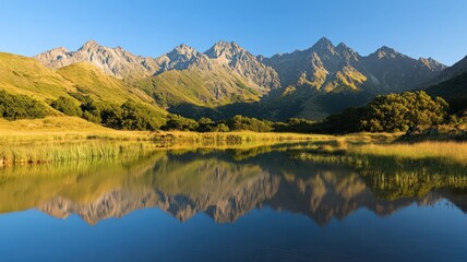 Naklejka premium Serene Mountain Lake Reflects Colorful Peaks