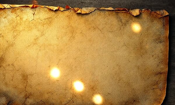 Vintage parchment paper texture with burnt edges and glowing light spots