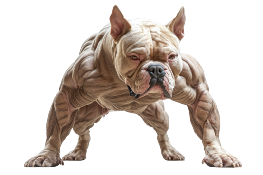 Muscular Bully Dog: Capturing the power and physique of the muscular bully dog, a striking image showcasing its intense stare, rippling muscle and raw energy.