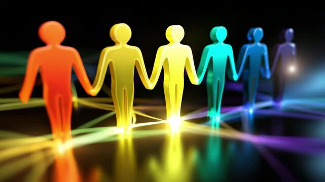 Colorful human figures connected by glowing network lines symbolizing connection and unity