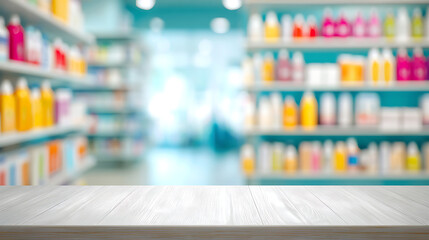 Empty white wooden tabletop with blurred shelves of colorful products in a store or pharmacy, providing space for mockups or product displays