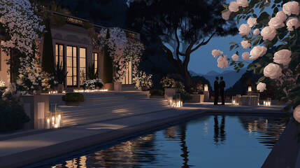 A proposal in a luxury garden estate with blooming roses