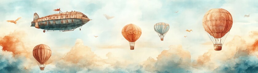 Vintage airship and hot air balloons soar through a dreamy watercolor sky.