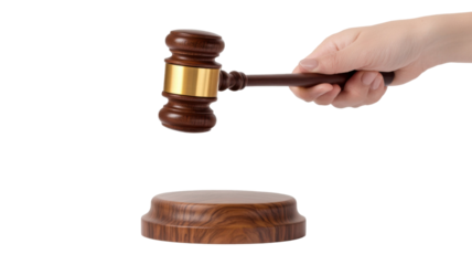Polished Wooden Gavel Held in Hand Isolated on Clean White Background