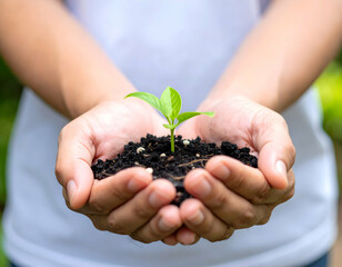 Hands Holding a Young Sprout in Rich Soil