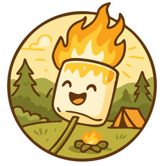 Cute smiling roasted marshmallow character on stick. Summer camp logo with campfire, tent, forest nature landscape. Kids camping emblem, rounded label, circle shape logotype.