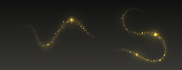 Golden dust trail with star-shaped sparkles on dark background. Magic realistic wave paths of shining glitters and shimmering particles. Vector 3d illustration.
