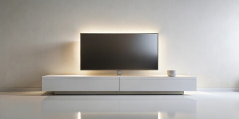 Modern minimalist flat screen television on a sleek white media console with subtle ambient lighting against a textured wall