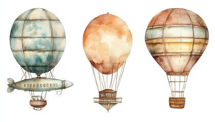 Naklejka premium Vintage watercolor hot air balloons, illustration.